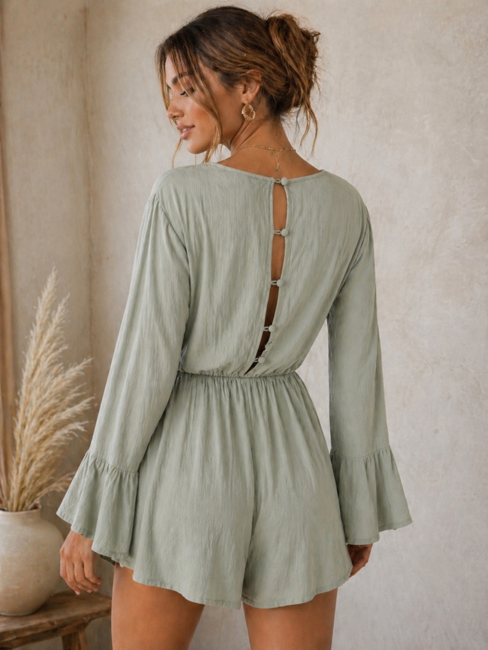 Showpo Sage Green Flowy Romper Size 10 Rayon Tie Waist Open Button Back Boho - Picture 2 of 8